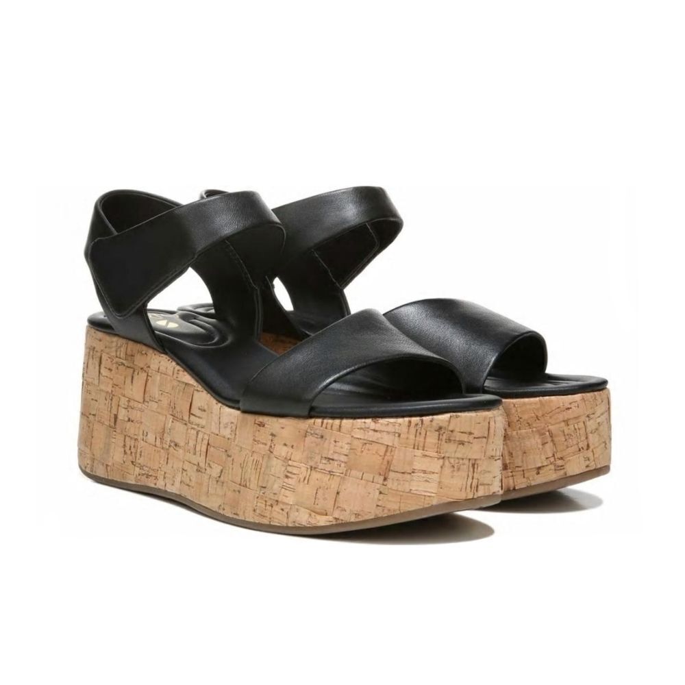 🆕️ Franco Sarto Demi 2 Platform Woven Cork Velcro Wedge Sandal Black Lea